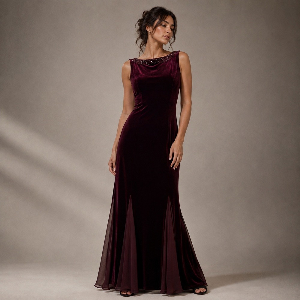 Vtg Y2K Velvet Dress Womens 6 Burgundy Beaded Mesh Maxi Whimsigoth romantic